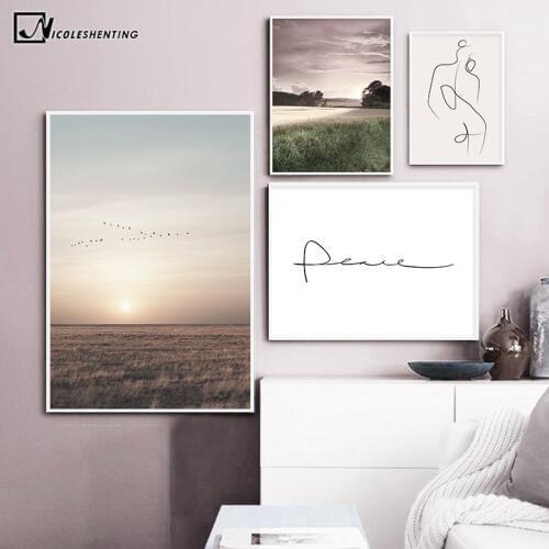 Grass Fields Sunset Nature Scenery Wall Poster Nordic Style Canvas Art Print Painting Landscape Scandinavian Decoration Picture