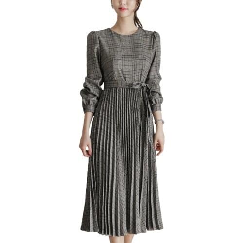 Spring And Autumn Korean Design Feeling Of The New Long-Sleeved Skirt Fashion Pleated Full-Length Dress Office Party Slim Dress