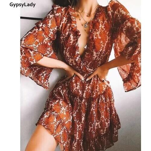 GypsyLady Vintage Chic Floral Rompers Jumpsuit Spring Autumn Chiffon V-neck Sexy Women Boho Long Flare Sleeve Ruffles Jumpsuits