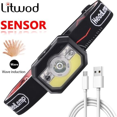 Litwod GY20 XP-G Q5 Sensor Headlamp Head Lamp Headlight Red COB Lights Led Built in Usb Rechargeable Battery Running Waterproof