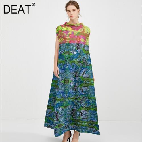 DEAT 2021 Autumn Retro Forest Print New Pleated Dresses Women Casual Sleeveless Elastic Color Block Loose Stand Collar AP939