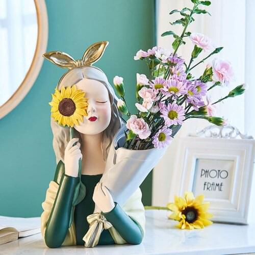 1Pc Sunflower Girl Decorative Vase Girl Figurine Ornament Dried Flower Container Flower Pot Decoration