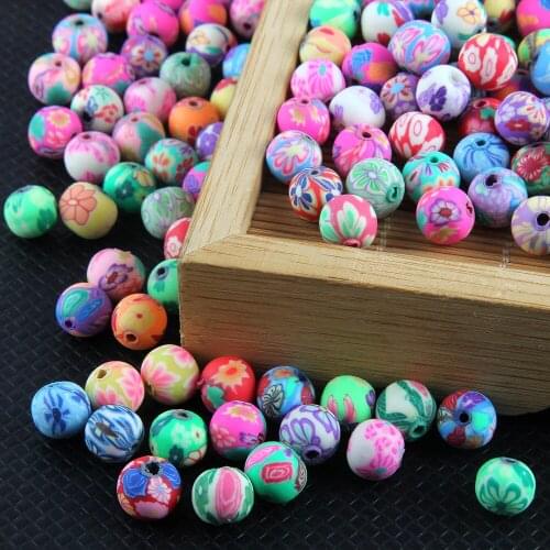 100pcs/bag 6mm 8mm 10mm 12mm Polymer Clay Flower Pattern Printing Beads Round Loose Beads Colorful For Bracelet Jewelry Making