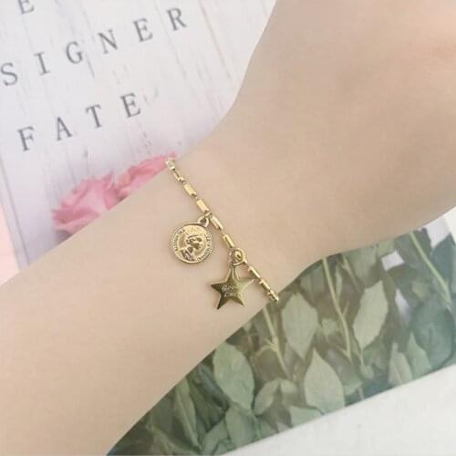 316L Stainless Steel New Fashion Upscale Jewelry Vintage Coins Queen Good Lucky Star Charm Beaded Chain Bracelets For Women