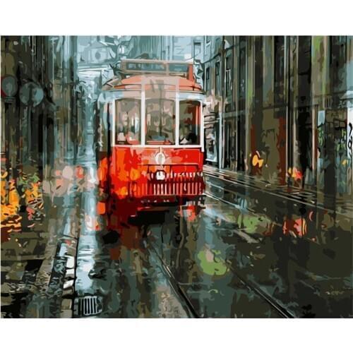 40*50cm Hand Painted Decoration Bus Running In The Rain Acrylic Digital Oil Painting By Numbers