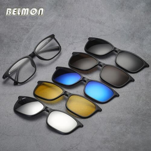 Belmon Spectacle Frame Men Women With 5 PCS Clip On Polarized Sunglasses Magnetic Glasses Male Myopia Computer Optical RS543