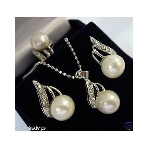 Free shipping@@@@@ Charming white pearl pendant necklace earring ring set