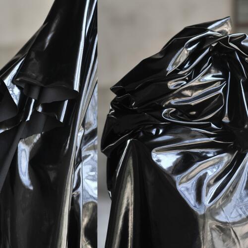 Brilliant Black Synthetic Pu Leather Fabric Stretch Knitted Fabric Super Black,not Very Stretchy Fabric!by the Meter