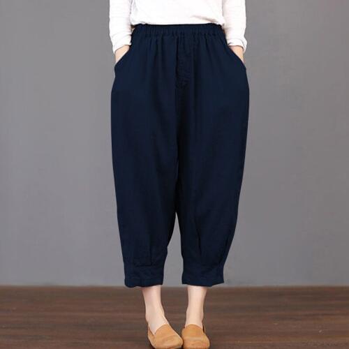New Women Cotton Linen Lantern Long Pants Blue Beige Black Retro Baggy Harem Pants Femme Elastic Waist Loose Casual Trousers