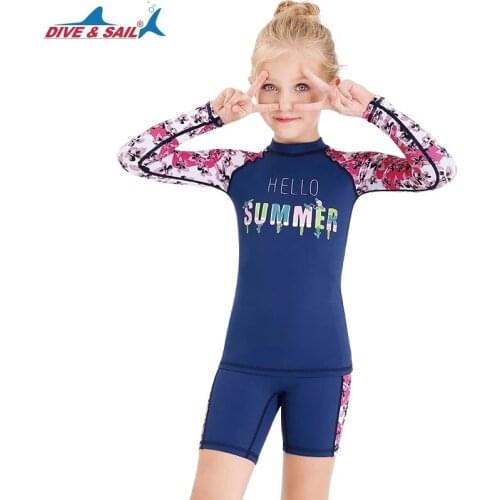 DIVE & SAIL girls Rash Guards childrens Sun-proof one-piece diving suit long-sleeve kids drifting snorkeling Surfing swimwear