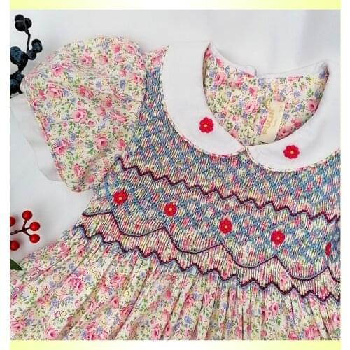 New summer Spain kids smocking dress for girls 2020 toddler baby sleeveless princess floral dresses with bow party clothes