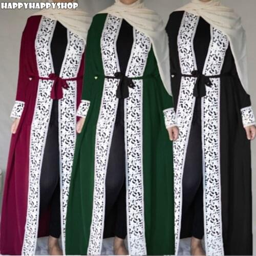 Elegant Women Muslim Abaya Cardigan Maxi Dress Lace Trimmed Open Front Kaftan Robe Female Vestidos Middle East Ramadan Gown