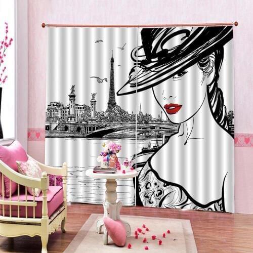 European American Simple Black and white Architecture Curtain For Living room bedroom Beauty character Blackout Drapes