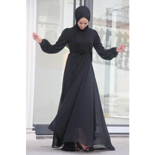 Tail And Belt Detailed Hijab Womens Evening Dress Muslim Hijab Chiffon Eid Mubarak Party Evening Long Dress Islamic Clothing