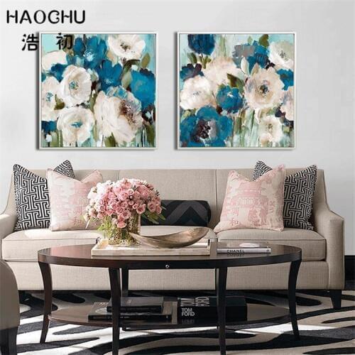 HAOCHU Modern Abstract Blue White Flower Oil Painting On Canvas Hand Draw Impressionist Wall Poster For Home Decor Cuadros