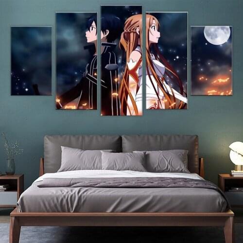 Canvas Pictures Home Decoration Paintings 5 Panel Animation Sword Art Online Wall Art Prints Poster Hotel Modular Living Room