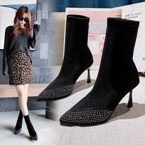 Short boots new stiletto pointed toe suede Martin boots autumn style pointed toe high heel nude boots fashionable thin boots hot