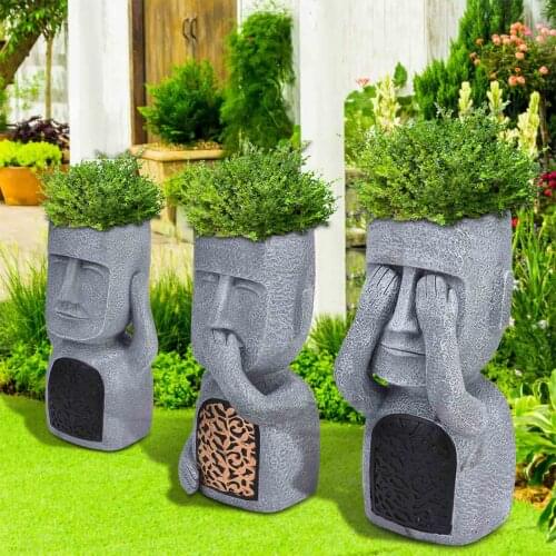 Creative Easter Island Statue Succulent Planter Ornament Garden See Hear Speak No Evil Resin Sculpture Outdoor Decoration 2021