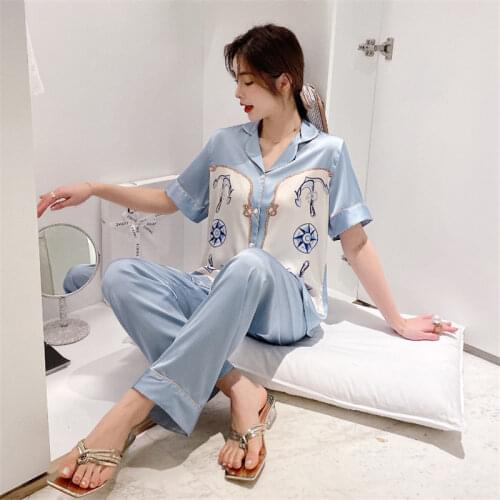 Summer New Women Pajamas High Quality Homewear Luxury Pajamas Sets Cardigan Short sleeve Brand Ice silk Pajamas Pijamas de mujer