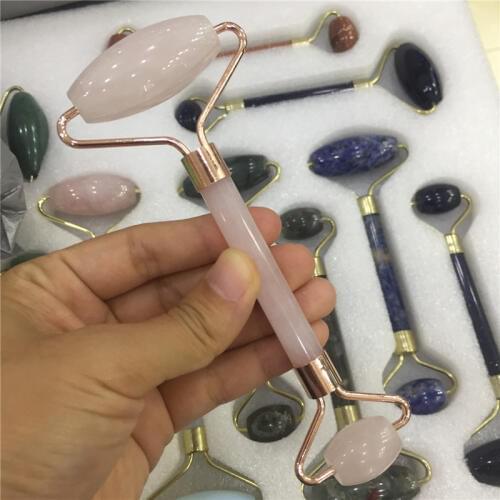 Natural pink rose quartz golden double head massage roller anti cellulite wrinkle facial body beauty health tool healing crystal