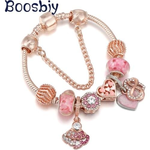 New Design Crystal Pink Fan Pendant Fit European Style Rose Gold Snake Chain Charm Bracelet For Women Fashion Jewelry Gift