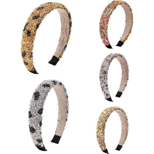 Baroque Style Vintage Thin Sponge Padded Headband Leopard Pattern Glitter Crystal Beaded Hair Hoop Wide-Brimmed Bandana