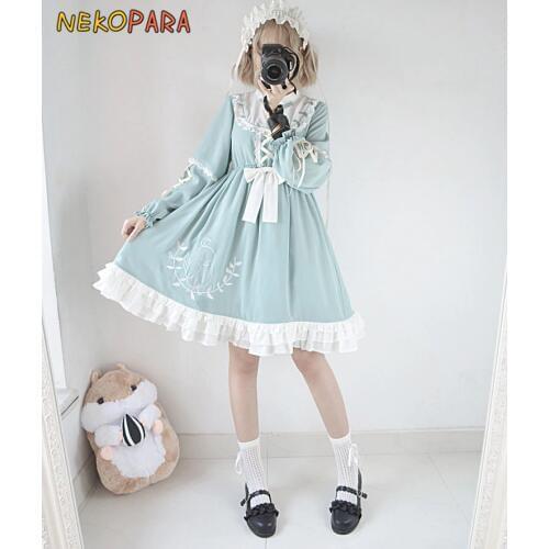 Poem of Leaf Cute Womens Lolita OP Dress Autumn Long Sleeve Mandarin Collar Grass Green Dress One Piece