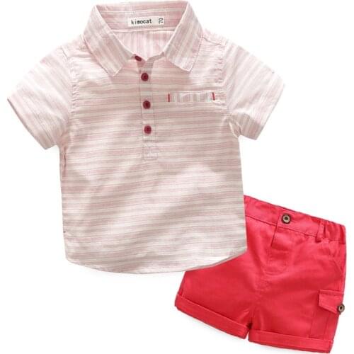 Kimocat Baby Boy Casual Short-Sleeved Suit, Striped Short-Sleeved Polo Shirt + Red Shorts 2-Piece Baby Clothes 6 Months-3 Years