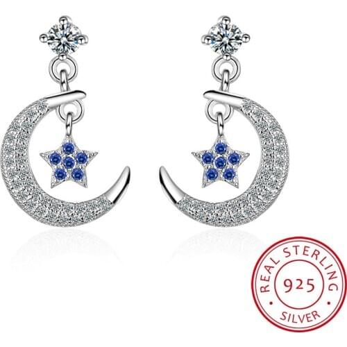 Luxury 925 Sterling Silver Moon And Star Earrings For Women Hot Fashion sterling-silver-jewelry brinco brincos bijoux