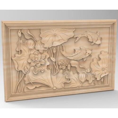 Lotus leaf fish in frame 3d STL Model for CNC Router 3D Printer Artcam Aspire Bas Relief_decor relief（STL file