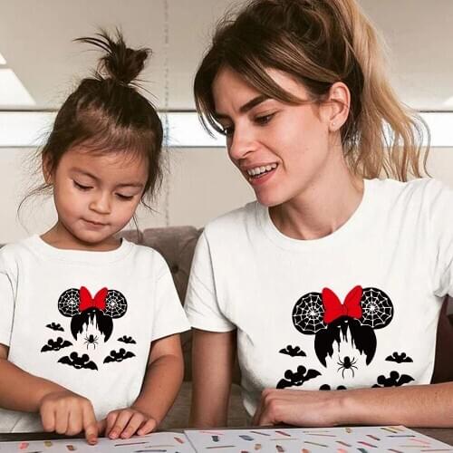Famliy Look T Shirt Female Harajuku Summer Minnie Mouse Head Bat Print Kids T-shirt Fashion Mother and Daughter Top Tees