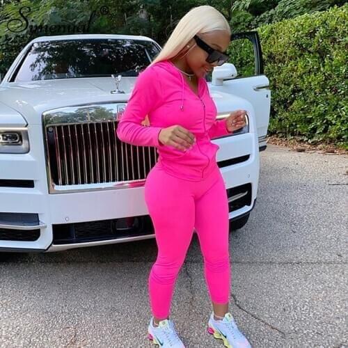 Simenual Casual Sporty Hooded Zipper Women Matching Set Long Sleeve Fashion Workout Tracksuits Skinny Top And Pants Co-ord Sets