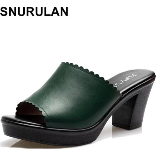 SNURULAN new Ladies Summer Slippers Genuine Leather Shoes Women High Heels Fashion Summer Shoes size 35--41