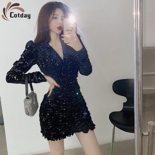 Cotday Autumn And Winter 2020 New Irregular V-neck Black Star Pattern Hot Velvet Pleated Long Sleeve With Hip Wrap Dress