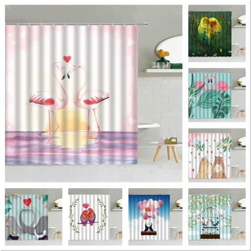 Animal Heart Shaped Shower Curtain Bird Flamingo Elephant Balloon Flowers Valentines Day Love Romance Bathroom Decor Curtains