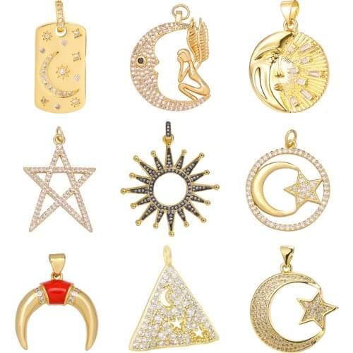 Sun Moon Pendants Charms for Jewelry Making Vintage Gold Copper Zircon CZ Crystal Diy Necklace Charm Accessories Fashion Jewelry