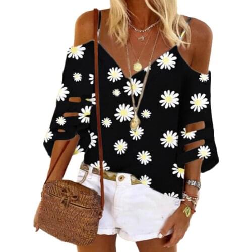 80%HOT Women V Neck Hollow out 3/4 Sleeve Sunflower Print T-shirt Cold Shoulder Blouse