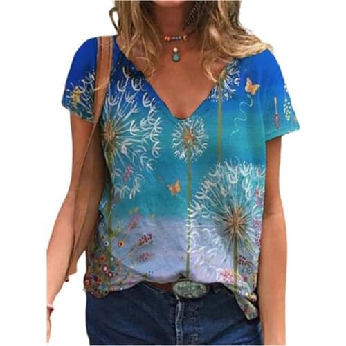 Women 3D Dandelion Plant Flowers Print T Shirt Summer 2021 New Casual Short Sleeve V-Neck Loose Oversized Tops Plus Size 4XL 5XL