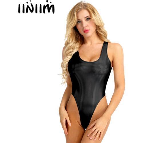 Women Fashion One-piece Swimsuits Sleeveless High Cut Wetlook Faux Leather Stretch Leotard Bodysuits for Adult Sexy Clubwear