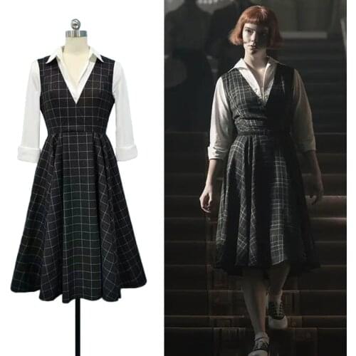The Queens Gambit Cosplay Costume Dress Beth Harmon Retro Plaid Sleeveless Mid-length Dress Skin-friendly Beth One-piece Dress