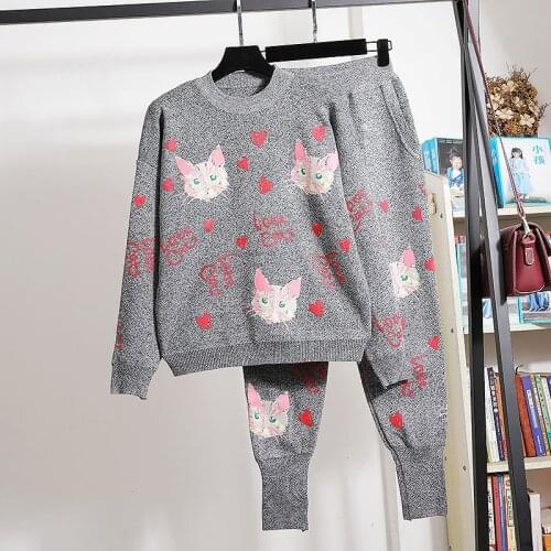 Black Gray Knit Set Female Fashion Cat Print Sweater Pencil Pants Tracksuits Female 2pc Loose Casual Knitted Two Piece Outfits