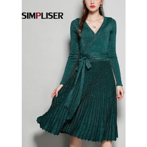 Deep V-neck Women Sweater Dresses 2020 Spring Long Sleeve Knitting Dresses Party Vestidos Sexy High Waist Long Pleated Dresses