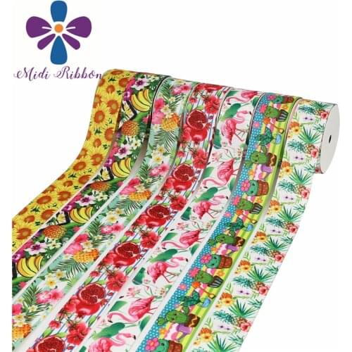 16mm-75mm Flower Series Spring Pineapple Banana Printed Grosgrain/Foe Ribbon Green Leaf DIY Hair Bowknots 50yds/roll