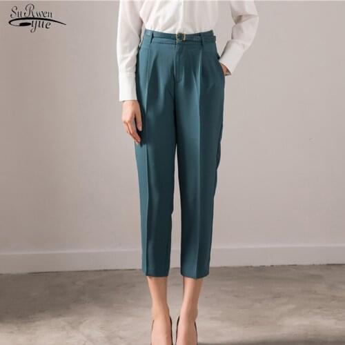 2021 Autumn High Waist Pencil Pants Women Ankle-Length with Belt Pants Casual Solid Pocket Trousers Blue Ladies Pants 11719