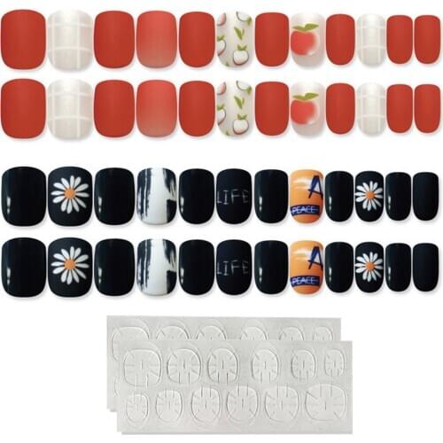 24pcs False Nails Fashion Full Cover Short Size Fingernails Nail Tips with Adhesive Sheet for Women Girls Nail Art Supplies