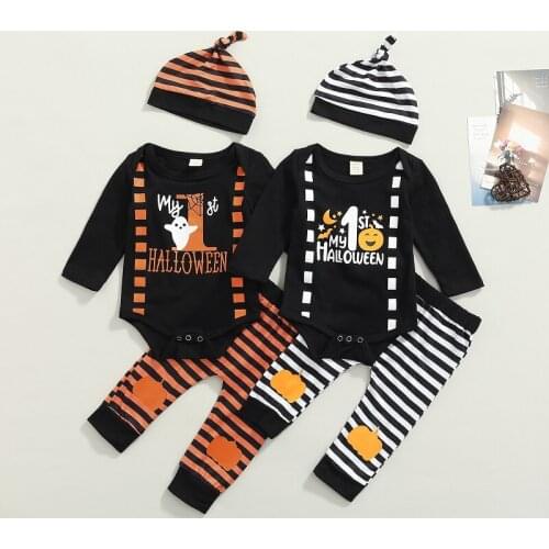 My 1st Halloween Newborn Baby Boy Long Sleeve Cotton Bodysuit Tops Striped Long Pant Hat 3PCS Baby Clothing Set