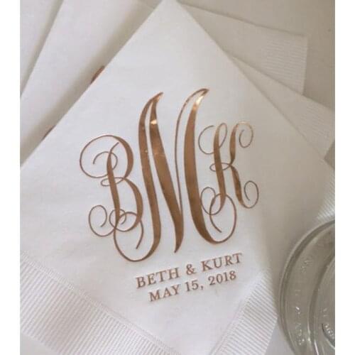 Napkins Personalized Napkins 3 Ply Premium Quality All Sizes Available Wedding Napkins Custom Monogram Rose Gold Foil