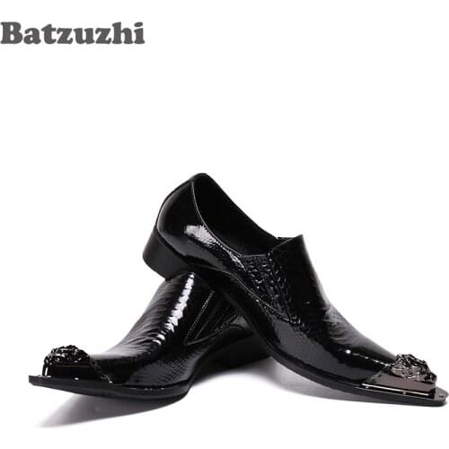 Batzuzhi Fashion Black Leather Dress Shoes Men Pointed Metal Tip Men Shoes Business Formal Footwear zapatos de hombre, Big Size