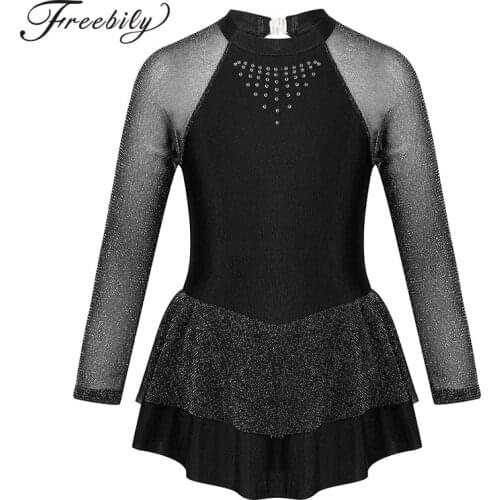 Kids Teens Shiny Rhinestone Long Sleeves Mock Neck Gymnastics Leotard Girls Ballet Figure Skating Dress Dance Costume