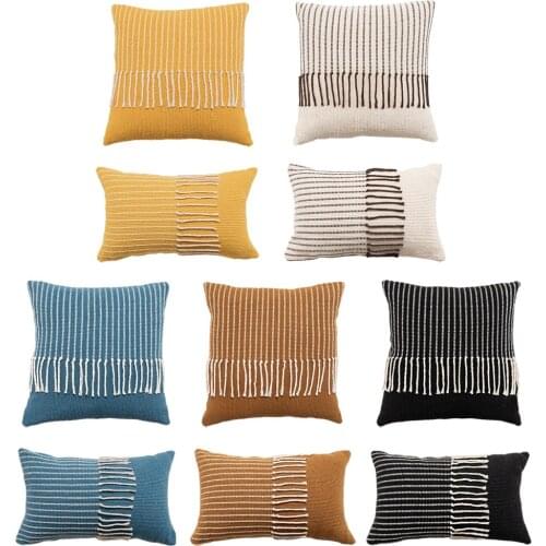 Bohemian Linen Cotton Macrame Pillow Cover Comfy Skin-friendly Cushion Cover Pillowcase with Tassels for Home Sofa Decorative